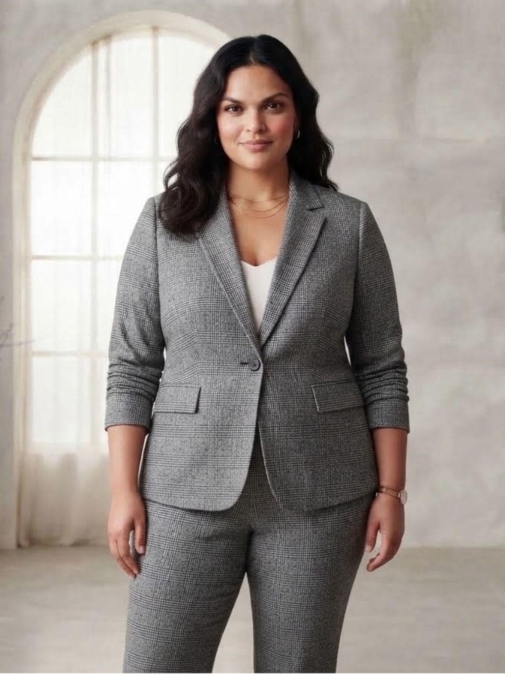 Tailored Gray Glen Plaid Single-Button Blazer
